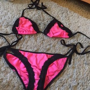 Pink and  black lace trim bikini